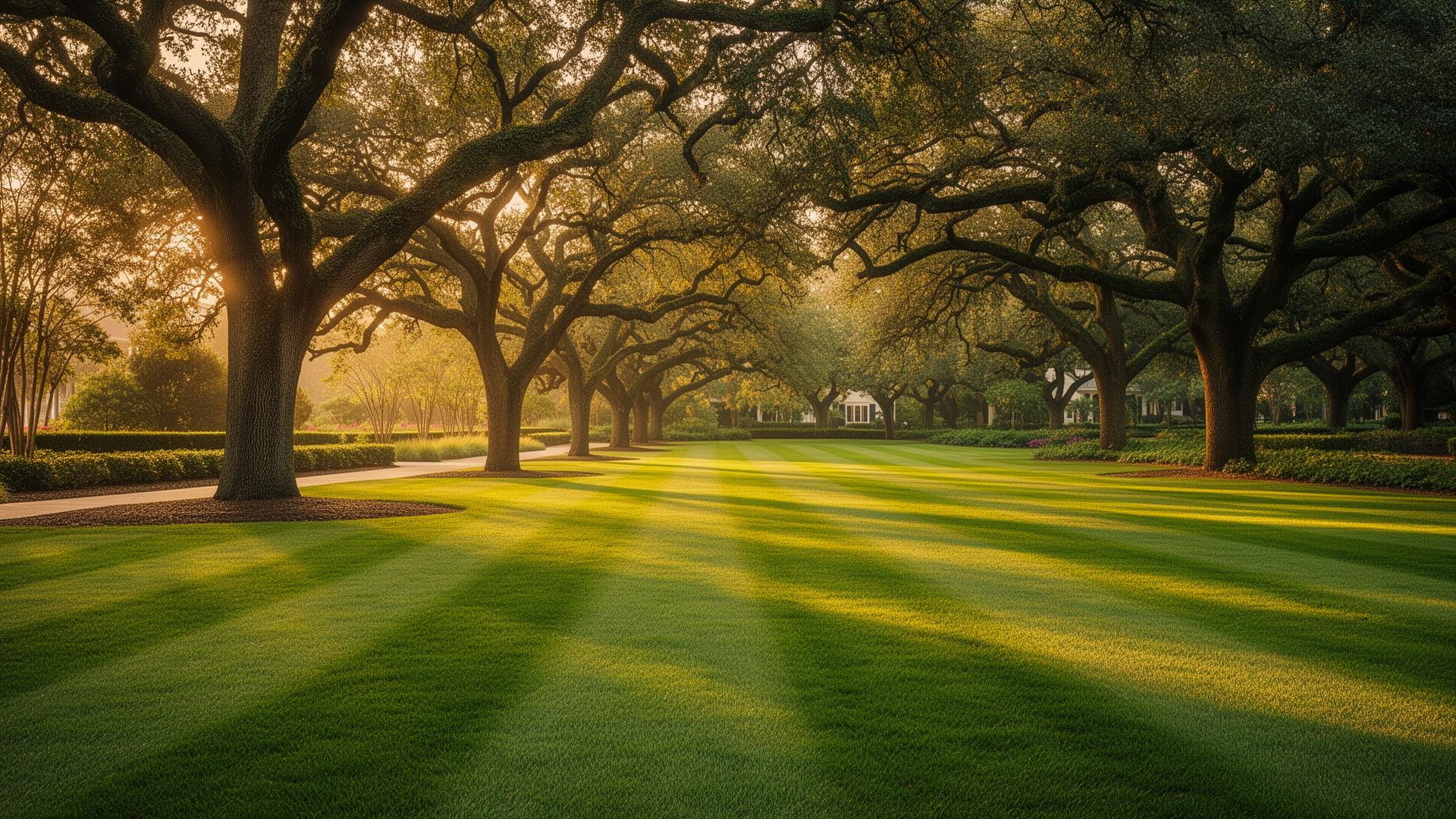 Manicured southern lawn at golden hour